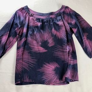 Women's Silk Blouse - Navy & Pink - 3/4 Sleeve - Boatneck